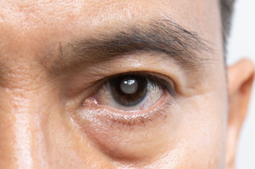 Close-up of a patient’s single brown eye that is clouded over with a cataract