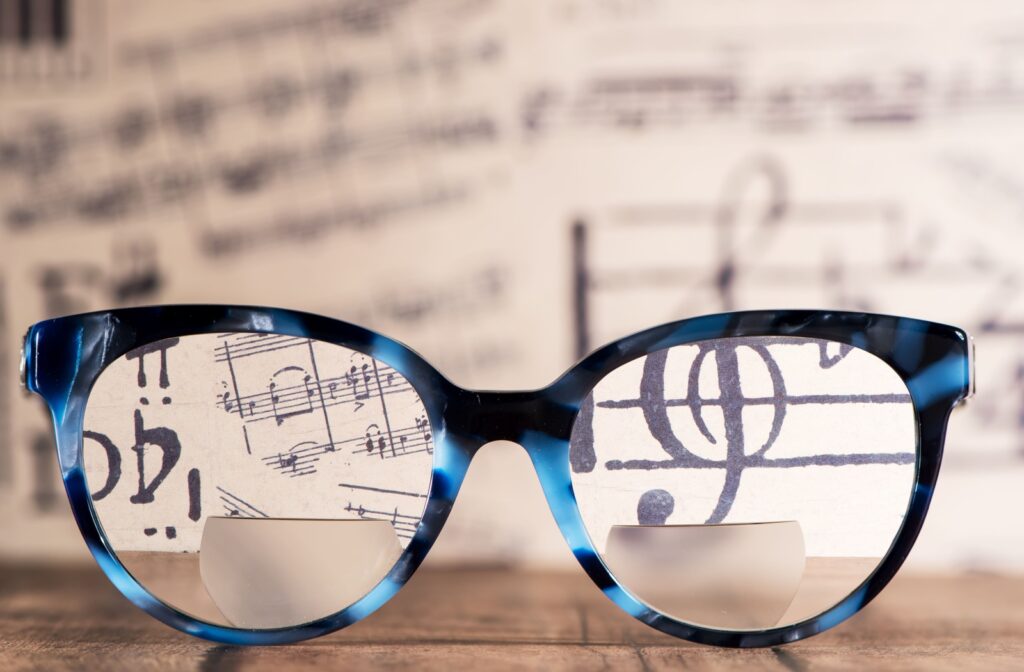 Black and blue framed bifocal glasses showing a music score seen clearly at a distance while area nearby is blurry.