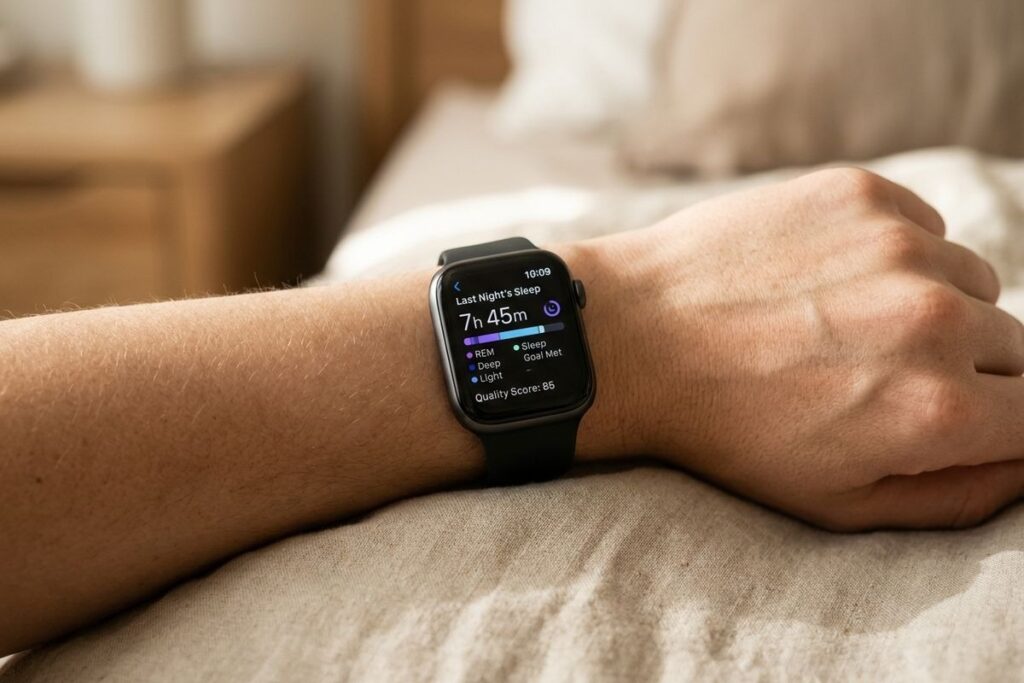 A close up of a smart watch monitoring sleep.