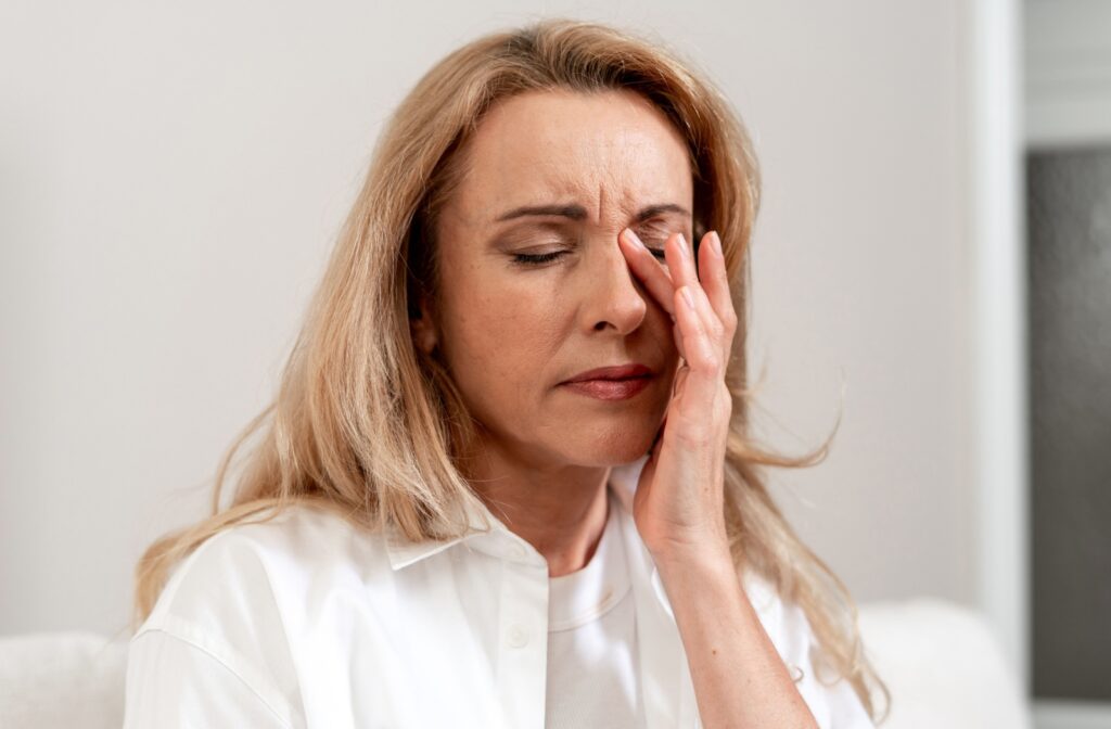 A woman holding her hand to her eye, experiencing dry eye symptoms