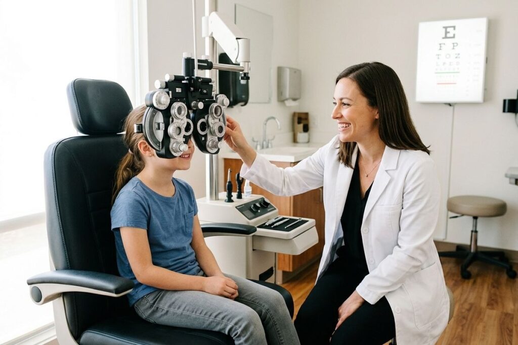 A smiling optometrist adjusts a phoropter in front of a seated child's face in an exam room.