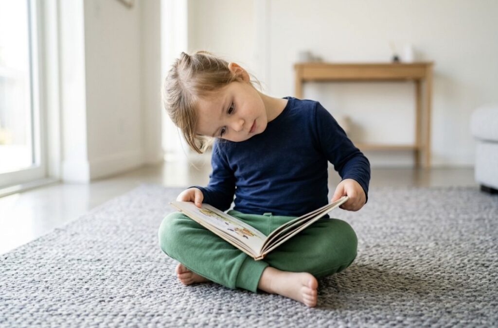 A child tilting their head while reading a book.
