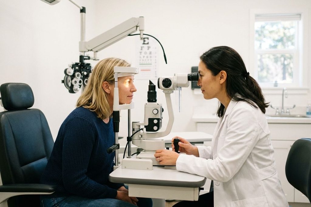 A focused optometrist examines an adult's eye using a slit lamp in an exam room. The patient rests their chin and forehead on the machine.