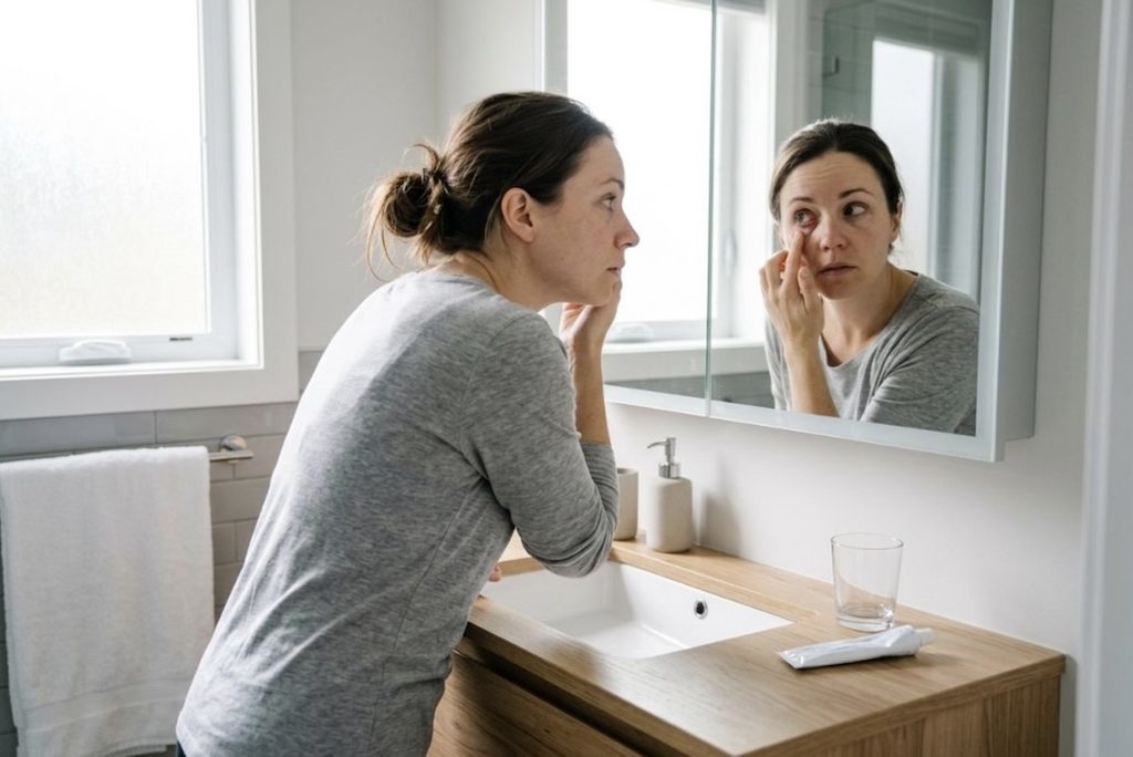A focused adult leans over a bathroom sink, looking in the mirror while pulling down their lower eyelid with a finger to inspect their eye.