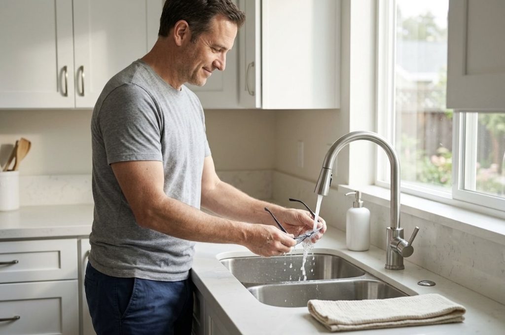 A smiling adult washes eyeglasses under running water at a kitchen sink.